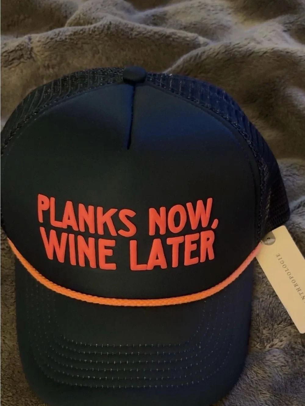 Anthropologie Navy Trucker Hat with Orange Lettering
